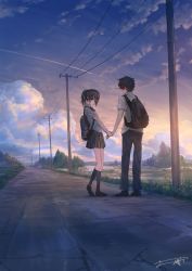 Rule 34 | 1boy, 1girl, backpack, bag, black eyes, black footwear, black hair, black pants, black skirt, blue legwear, blue sky, blush, bow, bowtie, closed mouth, cloud, cloudy sky, commentary request, contrail, contrapposto, grey shirt, highres, looking at viewer, original, outdoors, pants, pleated skirt, ponytail, power lines, red neckwear, road, scenery, school uniform, shirt, shoes, short hair, short sleeves, signature, skirt, sky, socks, standing, street, sunset, utility pole, white shirt, you shimizu