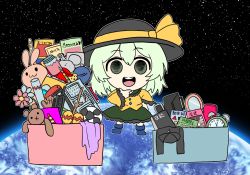 Rule 34 | 1girl, :d, black hat, blouse, blue footwear, boots, box, buttons, cardboard box, chibi, collared shirt, diamond button, earth (planet), eyeball, frilled shirt collar, frilled skirt, frilled sleeves, frills, full body, green eyes, green skirt, hand on own chin, hand on own hip, hat, hat ribbon, highres, komeiji koishi, light green hair, long skirt, long sleeves, medium hair, open mouth, photo background, planet, ribbon, round teeth, shirt, skirt, smile, solo, space, stroking own chin, teeth, thinking, third eye, touhou, upper teeth only, washiwa, wavy hair, wide sleeves, yellow ribbon, yellow shirt