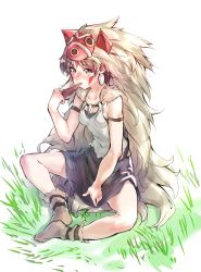 Rule 34 | 1girl, absurdres, armband, breasts, brown eyes, brown hair, butterfly sitting, commentary request, deluxe&lt;&lt;&lt;, eating, facial tattoo, food, full body, grass, hair ornament, highres, jewelry, looking at viewer, meat, mononoke hime, necklace, on ground, san (mononoke hime), shirt, short hair, simple background, sitting, skirt, small breasts, socks, solo, tattoo, tooth necklace, white background