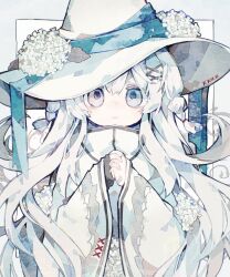 Rule 34 | 1girl, blue ribbon, closed mouth, cross-laced clothes, dress, flower, hair ornament, hat, hat flower, hat ribbon, highres, hydrangea, long sleeves, looking at viewer, original, own hands clasped, own hands together, red ribbon, ribbon, solo, soresaki, upper body, white dress, white flower, white hair, white hat, wide sleeves, witch hat, x hair ornament