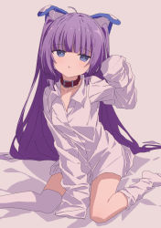 Rule 34 | 1girl, :o, azur lane, bad id, bad pixiv id, bed sheet, blue eyes, blunt bangs, brown background, collar, collared shirt, commentary request, dress shirt, hand up, long sleeves, looking at viewer, no shoes, oueo, over-kneehighs, parted lips, purple hair, red collar, shirt, simple background, sitting, sleeves past fingers, sleeves past wrists, solo, tashkent (azur lane), thighhighs, wariza, white shirt, white thighhighs