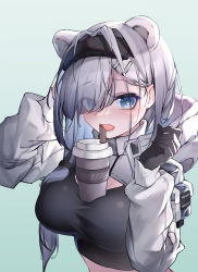 Rule 34 | 1girl, absurdres, animal ears, arknights, aurora (arknights), bear ears, black gloves, black hairband, blue background, blue eyes, blush, breasts, bubble tea challenge, cup, disposable cup, eyes visible through hair, gloves, gradient background, hair ornament, hair over one eye, hair over shoulder, hairband, hairclip, hands up, highres, hood, hood down, large breasts, long hair, long sleeves, looking at viewer, open mouth, qinshi-ji, saliva, shrug (clothing), silver hair, solo, sports bra, tongue, tongue out, upper body