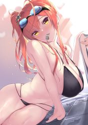 Rule 34 | 1girl, absurdres, ahoge, arm support, azur lane, belly, bikini, black bikini, blush, breasts, cleavage, collarbone, commentary request, goggles, goggles on head, hair between eyes, hair ornament, hakoniwa-boxer, head tilt, highres, large breasts, long hair, looking at viewer, navel, o-ring, o-ring bikini, red hair, shiny skin, side ponytail, sidelocks, solo, swimsuit, wet, whistle, whistle around neck, yellow eyes, zara (azur lane), zara (poolside coincidence) (azur lane)