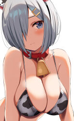 Rule 34 | 1girl, absurdres, animal collar, animal ears, animal print, bare shoulders, belko, bikini, blue eyes, blush, breasts, cleavage, closed mouth, collar, collarbone, cow print, cow print bikini, cowbell, female focus, grey hair, hair ornament, hair over one eye, hairclip, hamakaze (kancolle), highres, kantai collection, large breasts, neck bell, print bikini, short hair, simple background, solo, swimsuit, white background