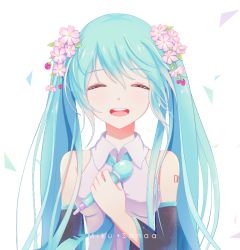 Rule 34 | 1girl, aqua hair, aqua necktie, artist name, bare shoulders, breasts, character name, closed eyes, detached sleeves, flower, hair between eyes, hair flower, hair ornament, hand up, hatsune miku, holding, holding microphone, long hair, medium breasts, microphone, necktie, open mouth, sanaa, sidelocks, smile, solo, teeth, tongue, twintails, upper teeth only, vocaloid