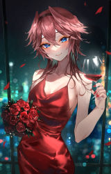 Rule 34 | 1girl, alcohol, bare arms, blue eyes, blurry, blurry background, bouquet, breasts, cleavage, cowboy shot, cup, dress, drink, drinking glass, falling petals, flower, hair between eyes, head tilt, head wings, highres, holding, holding bouquet, holding cup, holding drink, holding flower, hololive, indoors, looking at viewer, makeup, medium breasts, misekiss, nail polish, petals, pink hair, red dress, red flower, red nails, red rose, red wine, rose, sleeveless, smile, solo, standing, takane lui, virtual youtuber, window, wine, wine glass, wings