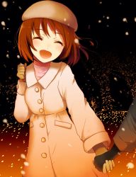 Rule 34 | 1girl, :d, blush, brown gloves, brown hair, closed eyes, coat, gloves, hagiwara yukiho, hat, highres, holding hands, idolmaster, idolmaster (classic), mmyk81, open mouth, smile, snow, solo focus, trench coat