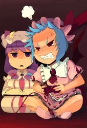 Rule 34 | 2girls, absurdres, anger vein, angry, bat wings, blue hair, book, controller, embodiment of scarlet devil, female focus, fume, hamaburicchi, hat, highres, long hair, multiple girls, open mouth, patchouli knowledge, playing games, purple eyes, purple hair, red eyes, remilia scarlet, short hair, touhou, wings