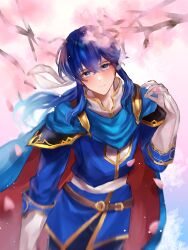 Rule 34 | 1boy, blue cape, blue eyes, blue hair, blush, cape, cherry blossoms, closed mouth, commentary, falling petals, fire emblem, fire emblem: genealogy of the holy war, gloves, gold trim, highres, long hair, looking at viewer, male focus, nintendo, petals, red cape, seliph (fire emblem), smile, solo, symbol-only commentary, tnomenko, two-sided cape, two-sided fabric, two-tone cape, white gloves