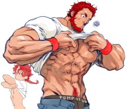 Rule 34 | 2boys, alexander (fate), azuma toh, bara, beard, blouse, braid, casual, clothes lift, dual persona, facial hair, fate/grand order, fate/zero, fate (series), iskandar (fate), lifted by self, male focus, male pubic hair, manly, multiple boys, muscular, aged up, pectorals, pubic hair, red eyes, red hair, shirt, shirt lift, single braid, spoken squiggle, squiggle, t-shirt, white shirt, aged down