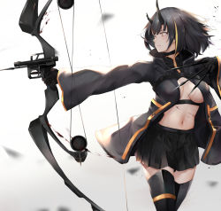 Rule 34 | 1girl, absurdres, armored boots, arrow (projectile), between fingers, black choker, black coat, black gloves, black hair, black skirt, blurry, boots, bow (weapon), breasts, breasts apart, bruise, choker, coat, compound bow, cowboy shot, crop top, gloves, highres, holding, horns, injury, kisaki oni, large breasts, looking away, midriff, miniskirt, multicolored hair, navel, no bra, oni horns, open clothes, open coat, original, outstretched arm, pleated skirt, revealing clothes, short hair, skirt, solo, stomach, streaked hair, thigh boots, thighhighs, weapon, white background, yellow eyes, zettai ryouiki