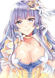 Rule 34 | 1girl, absurdres, blunt bangs, blurry, blurry background, blush, breasts, choker, cleavage, closed mouth, collarbone, crescent, crescent earrings, crescent hair ornament, crescent moon, date a live, dress, earrings, elbow gloves, female focus, flower, gloves, gu li, hair flower, hair ornament, hand up, head tilt, highres, idol, izayoi miku, jewelry, large breasts, light purple hair, long hair, looking at viewer, moon, neck, puffy short sleeves, puffy sleeves, purple eyes, short sleeves, simple background, smile, solo, upper body, white background, white gloves, yellow choker, yellow dress