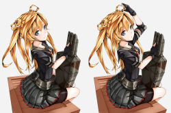 Rule 34 | 1girl, :o, :t, abukuma (kancolle), arm up, belt, bike shorts, black gloves, blonde hair, blue eyes, blush, box, closed mouth, double bun, essa sazhka, gloves, grey background, hair rings, highres, kantai collection, long hair, looking at viewer, looking to the side, machinery, neckerchief, on box, partially fingerless gloves, pleated skirt, pout, remodel (kantai collection), school uniform, serafuku, short sleeves, shorts, shorts under skirt, simple background, sitting, skirt, tareme, turret, twintails