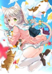 Rule 34 | 1girl, animal, animal ears, ass, bell, blue sky, blurry, blurry foreground, blush, bow, brown footwear, cardigan, cat, cat ears, cattail, cloud, commentary request, day, depth of field, green bow, green eyes, grey hair, hair between eyes, hair bow, highres, jingle bell, juna, loafers, long hair, looking at viewer, looking to the side, low twintails, original, outdoors, panties, pink cardigan, plaid, plaid skirt, plant, pleated skirt, shoe soles, shoes, skirt, sky, solo, tail, tail bell, tail bow, tail ornament, tail raised, thighhighs, twintails, underwear, white panties, white skirt, white thighhighs