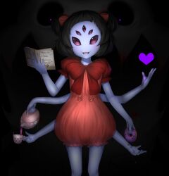 Rule 34 | 1girl, animal ears, arms up, arthropod girl, black background, black hair, black sclera, blue skin, book, bow, bowtie, bug, buttons, colored sclera, colored skin, cup, doughnut, dress, extra arms, extra eyes, food, hair bow, hands up, heart, heart print, highres, holding, holding book, holding cup, holding food, holding kettle, insect girl, kettle, looking at viewer, muffet, open book, open mouth, pink bow, pink dress, pink eyes, puffy short sleeves, puffy sleeves, purple eyes, purple sclera, red bow, red bowtie, sasoura, short hair, short sleeves, simple background, smile, solo, spider, spider girl, standing, tea, teeth, tongue, undertale