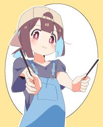 Rule 34 | 1girl, androgynous, backwards hat, baseball cap, black shorts, blue hair, blue overalls, blunt bangs, blunt ends, brown eyes, brown hair, commentary, dot nose, food, foreshortening, hat, highres, holding, holding food, holding pocky, hozuki momiji, light blush, looking at viewer, multicolored hair, noyama takenoko, onii-chan wa oshimai!, outline, overalls, pocky, short hair, short ponytail, short sleeves, shorts, simple background, smile, solo, two-tone hair, white outline, yellow background