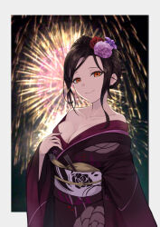 Rule 34 | 1girl, black kimono, breasts, brown hair, cleavage, closed mouth, fireworks, flower, hair flower, hair ornament, hand on own chest, highres, japanese clothes, kanzashi, kimono, large breasts, long hair, looking at viewer, medium breasts, mole, mole on neck, namiura, nijisanji, obi, obiage, obijime, off shoulder, orange eyes, sash, shirayuki tomoe, smile, solo, upper body, virtual youtuber