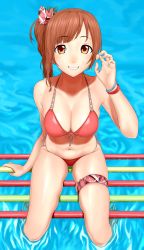 1girl, absurdres, arm support, bangs, bikini, bow, bracelet, breasts, brown hair, claw pose, cleavage, collarbone, cross-laced clothes, eyebrows visible through hair, from above, front-tie bikini, front-tie top, gishu, grin, hair bow, halter top, halterneck, hand up, highres, idolmaster, idolmaster cinderella girls, igarashi kyouko, jewelry, lipstick, long hair, looking at viewer, looking up, makeup, medium breasts, medium hair, navel, open mouth, orange eyes, parted bangs, pink bow, pink lips, red bikini, shiny, shiny skin, side-tie bikini, side ponytail, sidelocks, sitting, skindentation, smile, soaking feet, solo, spread legs, straight hair, string bikini, swimsuit, thigh strap, water