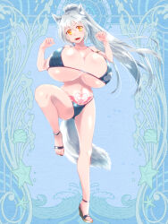 Rule 34 | 1girl, animal ear fluff, animal ears, armlet, bare shoulders, bikini, black bikini, blue background, breasts, claw pose, cleavage, collarbone, dairoku ryouhei, gigantic breasts, hands up, high heel sandals, high heels, highres, huge breasts, light particles, looking at viewer, lyselina falzena, navel, official art, one leg raised, ponytail, pubic tattoo, sandals, solo, swimsuit, tail, tattoo, tomoming, underboob, white hair, wolf ears, wolf girl, wolf tail, yellow eyes