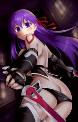Rule 34 | 1girl, ass, bandaged arm, bandages, bare shoulders, black panties, black thighhighs, blush, breasts, butt crack, cosplay, dimples of venus, fate/apocrypha, fate/grand order, fate/stay night, fate (series), gloves, jack the ripper (fate/apocrypha), jack the ripper (fate/apocrypha) (cosplay), kame kame happa, looking at viewer, looking back, matou sakura, open mouth, panties, purple eyes, purple hair, solo, thighhighs, underwear