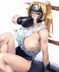 Rule 34 | 1girl, arm support, blonde hair, blue eyes, boxing, boxing gloves, breast slip, breasts, buruma, chyko, freckles, grin, huge breasts, legs, nipples, no bra, one breast out, one eye closed, original, ponytail, sitting, smile, solo, sweat, wardrobe malfunction, wince, wink