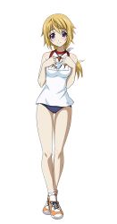 Rule 34 | 10s, 1girl, blonde hair, buruma, charlotte dunois, eyebrows, full body, gym uniform, highres, infinite stratos, jewelry, long hair, looking at viewer, necklace, purple eyes, smile, socks, solo, transparent background