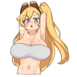 Rule 34 | 1girl, armpits, arms behind head, bandeau, basukechi, blonde hair, breasts, cleavage, dragalia lost, goggles, goggles on head, highres, huge breasts, nintendo, ramona (dragalia lost), solo, strapless, sweat, tube top, white background, white bandeau, white tube top