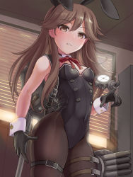 Rule 34 | 1girl, adapted costume, animal ears, arashio (kancolle), arashio kai ni (kancolle), backpack, bag, black gloves, black leotard, black pantyhose, blush, breasts, brown eyes, brown hair, detached collar, em s, fake animal ears, gloves, groin, highres, kantai collection, leotard, long hair, looking at viewer, pantyhose, parted lips, playboy bunny, rabbit ears, rabbit tail, randoseru, red neckwear, rigging, searchlight, side-tie leotard, small breasts, smile, solo, strapless, strapless leotard, tail, thigh strap, torpedo launcher, torpedo tubes, wrist cuffs