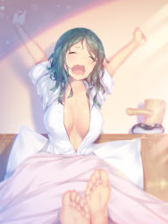 Rule 34 | 1girl, a.x., arms up, barefoot, bed, blanket, blurry, breasts, cleavage, closed eyes, collarbone, commentary request, depth of field, feet, foreshortening, green hair, hammer, medium breasts, medium hair, morning, on bed, open clothes, open mouth, open shirt, original, pillow, shirt, sitting, soles, stretching, sunlight, toes, waking up, wavy hair, wavy mouth, white shirt, yawning