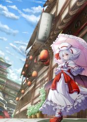 Rule 34 | 1girl, architecture, aya-on (miria00), bat wings, blue sky, capelet, cloud, curiosities of lotus asia, day, dress, east asian architecture, frilled dress, frills, hat, highres, lantern, paper lantern, parasol, plant, potted plant, remilia scarlet, short hair, silver hair, sky, smile, solo, touhou, translation request, umbrella, wings