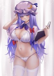 Rule 34 | 1girl, annoyed, book, bow, bra, breasts, cleavage, closed mouth, crescent, crescent hat ornament, frown, hair bow, hat ornament, highres, holding, holding book, large breasts, long hair, looking at viewer, momendoufu, navel, open mouth, panties, patchouli knowledge, purple eyes, purple hair, red bow, solo, touhou, underwear, white bra, white panties