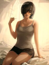 Rule 34 | 1girl, absurdres, ao desu2222, backlighting, bed, black hair, black shorts, chainsaw man, cigarette, curtains, eyepatch, grey tank top, highres, himeno (chainsaw man), holding, holding cigarette, looking at viewer, open mouth, short hair, shorts, sitting, smile, solo, sunlight, tank top