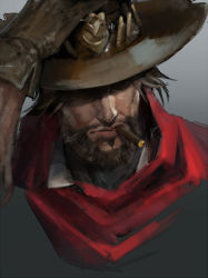 Rule 34 | 1boy, bad id, bad pixiv id, beard, brown gloves, brown hair, brown hat, cape, cassidy (overwatch), cigar, cowboy hat, facial hair, gloves, gradient background, grey background, gun, hage2013, hand on headwear, handgun, hat, hat over eyes, male focus, manly, mouth hold, overwatch, overwatch 1, shade, solo, upper body, weapon
