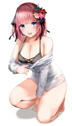 Rule 34 | 1girl, bad id, bad pixiv id, bare shoulders, barefoot, between legs, bikini, black bikini, black ribbon, blue eyes, blunt bangs, blush, breasts, cleavage, clothes pull, collarbone, commentary request, dress shirt, fang, flower, go-toubun no hanayome, hair flower, hair ornament, hair ribbon, hand between legs, hand on ground, highres, large breasts, long sleeves, looking at viewer, medium breasts, nakano nino, off-shoulder shirt, off shoulder, on one knee, open mouth, pink hair, red flower, ribbon, shiranui (nisioisin sinob), shirt, shirt pull, simple background, skin fang, smile, solo, summer, swimsuit, thighs, wet, wet clothes, white background, white shirt