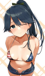 Rule 34 | 1girl, ;), alternate costume, american flag bikini, american flag print, arms behind back, bikini, black hair, blue eyes, breasts, breasts apart, collarbone, commentary request, denim, denim shorts, flag print, hair between eyes, houshou (kancolle), kantai collection, long hair, looking at viewer, medium breasts, navel, one eye closed, open clothes, open shorts, ponytail, print bikini, sawamura aoi, shorts, simple background, smile, solo, swimsuit, twitter username