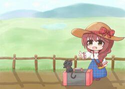 Rule 34 | 1girl, :d, bag, between breasts, black cat, blue skirt, bow, braid, breasts, brown eyes, brown hair, brown headwear, cat, chibi, collarbone, commentary request, day, fang, fence, full body, hair over shoulder, hat, hat bow, hat ribbon, highres, hitchhiking, long skirt, long sleeves, medium breasts, mokezi, mountainous horizon, open mouth, original, outdoors, plaid, plaid bow, plaid skirt, ribbon, road, shadow, shirt, shoulder bag, sidelocks, single braid, skirt, smile, standing, strap between breasts, suitcase, thumbs up, white shirt, wooden fence