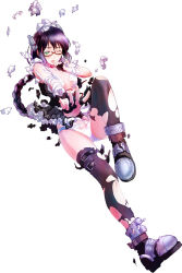 Rule 34 | 1girl, armor, black hair, black thighhighs, braid, broken armor, full body, glasses, green eyes, hand to own mouth, kagerou: trap girls, long hair, open mouth, panties, semi-rimless eyewear, simple background, skirt, solo, thighhighs, torn clothes, underwear, white background, white panties
