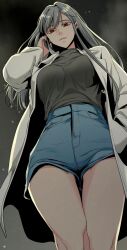 Rule 34 | 1girl, blue shorts, closed mouth, grey hair, grey shirt, hand up, hero killer, highres, ihwa (hero killer), jacket, long hair, looking at viewer, looking down, night, night sky, official art, open clothes, open jacket, red eyes, serious, shirt, shorts, sky, solo, very long hair, white jacket