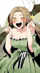 Rule 34 | 1girl, blonde hair, blush, dress, forest, green dress, hands up, happy, hero killer, highres, long hair, nature, one eye closed, open mouth, rachel sinclair, sky, smile, solo, star (symbol), tongue, tree, very long hair, yellow eyes