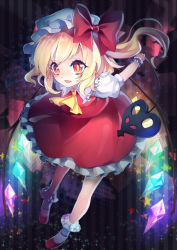 Rule 34 | 1girl, ascot, bad id, bad pixiv id, blonde hair, bow, dress, flandre scarlet, glowing, glowing wings, hat, hat bow, highres, kyouda suzuka, laevatein, mob cap, open mouth, puffy short sleeves, puffy sleeves, red dress, red eyes, shirt, short sleeves, side ponytail, smile, solo, touhou, wings, wrist cuffs