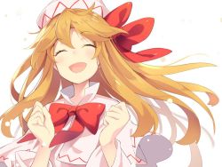 Rule 34 | 1girl, :d, ^ ^, asutora, blonde hair, blush, bow, bowtie, capelet, clenched hands, closed eyes, commentary request, dress, facing viewer, hair between eyes, hands up, hat, hat bow, lily white, long hair, long sleeves, open mouth, red bow, red bowtie, simple background, smile, solo, touhou, upper body, white background, white capelet, white dress, white hat, wide sleeves