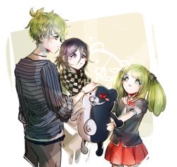 Rule 34 | 1girl, 1mascot, 2boys, age difference, amami rantaro, bear hair ornament, black shirt, blue shirt, blush, bow, bowtie, brown pants, checkered clothes, checkered scarf, child, closed mouth, danganronpa (series), danganronpa 3 (anime), danganronpa another episode: ultra despair girls, danganronpa v3: killing harmony, ear piercing, ears, eyebrows, green eyes, green hair, hair between eyes, hair ornament, headpat, height difference, highres, jewelry, long hair, looking at another, looking down, looking up, medium hair, messy hair, monokuma, multiple boys, necklace, necktie, nose, oma kokichi, pants, piercing, pleated skirt, purple eyes, purple hair, red bow, scarf, shirt, short hair, short sleeves, simple background, skirt, smile, standing, straightjacket, striped clothes, striped shirt, stuffed animal, stuffed toy, teddy bear, towa monaca, white background, yellow background