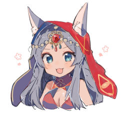 Rule 34 | 1girl, :3, :d, animal ears, bikini, blue eyes, blush, breasts, circlet, dark-skinned female, dark skin, ears through headwear, fate/grand order, fate (series), gem, grey hair, ikeuchi tanuma, large breasts, long hair, looking at viewer, no nose, open mouth, queen of sheba (fate), red bikini, simple background, smile, solo, swimsuit, upper body, veil, white background