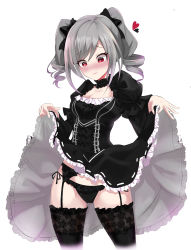 Rule 34 | 1girl, absurdres, black dress, black panties, blush, breasts, cleavage, clothes lift, cowboy shot, dress, drill hair, embarrassed, garter belt, garter straps, gothic lolita, heart, heart-shaped pupils, highres, idolmaster, idolmaster cinderella girls, kanzaki ranko, lace, lace-trimmed legwear, lace trim, lifted by self, lolita fashion, long hair, looking down, panties, pantyshot, silver hair, simple background, skirt, skirt lift, solo, sylph kim, symbol-shaped pupils, twin drills, twintails, underwear, white background