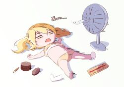 Rule 34 | 1girl, barefoot, blonde hair, chibi, clothes lift, commentary request, d:, electric fan, empty eyes, hair between eyes, hair spread out, half-closed eyes, hot, liquid-in-glass thermometer, long hair, lying, motion lines, nakatsu shizuru, no eyepatch, on back, open mouth, orange panties, orange shirt, panties, rewrite, shirt, shirt lift, sidelighting, simple background, socks, unworn socks, solo, sound effects, stomach, tagame (tagamecat), thermometer, twintails, underwear, white background, white socks, x navel