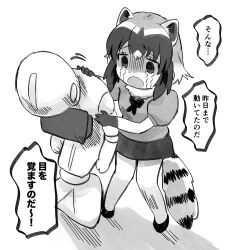 Rule 34 | animal ears, bow, common raccoon (kemono friends), crying, dot nose, fur collar, gloves, hair between eyes, highres, kemono friends, monochrome, open mouth, puffy short sleeves, puffy sleeves, raccoon ears, raccoon girl, raccoon tail, sad, short sleeves, skirt, standing, streaming tears, suicchonsuisui, tail, tears, translation request