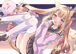 Rule 34 | 1girl, :o, animal ear fluff, animal ears, black sailor collar, black skirt, blunt bangs, blush, border, bow, bowtie, brown footwear, cat ears, cat girl, cat tail, cloud, cloudy sky, floating, hair ornament, hairclip, light brown hair, long hair, long sleeves, looking afar, open mouth, original, oumiya hinari, own hands together, pleated skirt, purple eyes, purple sweater, red bow, red bowtie, sailor collar, school uniform, serafuku, shoes, skirt, sky, sleeves past wrists, solo, stuffed animal, stuffed toy, sweater, swept bangs, tail, thighhighs, thighs, twintails, white border, white thighhighs