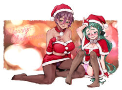 Rule 34 | 2girls, :p, black legwear, blush, breasts, cameltoe, capelet, character request, christmas, cleavage, cross, cross necklace, dark-skinned female, dark skin, fang, female focus, freckles, green eyes, green hair, hair ornament, hat, highres, jewelry, large breasts, merry christmas, multiple girls, necklace, nikubou maranoshin, panties, pantyhose, pink panties, purple hair, santa hat, small breasts, smile, tongue, tongue out, twitter username, underwear