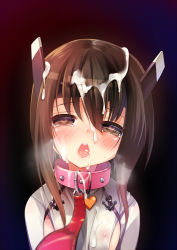 Rule 34 | 10s, 1girl, anchor, blush, brown eyes, brown hair, collar, cum, cum in mouth, cum on hair, facial, flat chest, headgear, heart, heart-shaped pupils, kantai collection, leash, mvv, nipples, open mouth, see-through, short hair, solo, symbol-shaped pupils, taihou (kancolle), viewer holding leash