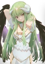 Rule 34 | 1girl, albedo (overlord), albedo (overlord) (cosplay), alternate costume, arms behind head, black feathers, black wings, breasts, c.c., code geass, cosplay, cowboy shot, creayus, feathers, green hair, hip vent, horns, long hair, medium breasts, overlord (maruyama), solo, thighs, very long hair, wings, yellow eyes